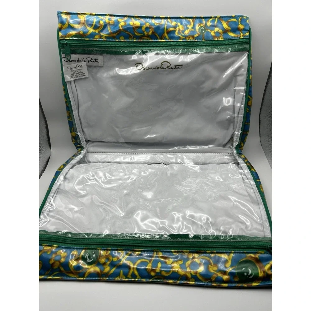 Vintage 90s Oscar de la Renta Blue Gold PVC Cosmetic Make Up Travel Bag